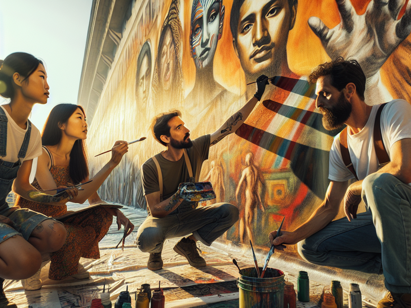 Artistas colaborando em um mural urbano